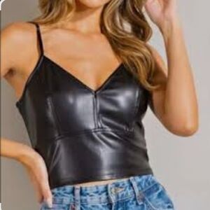 Lola Grace XS Faux Leather Crop Tank Black Women's Camisole Top